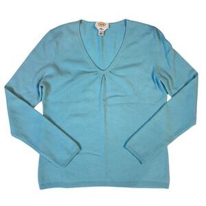 Talbots Pure Cashmere V-Neck Sweater in Aqua Blue Pleated Front FLAW L